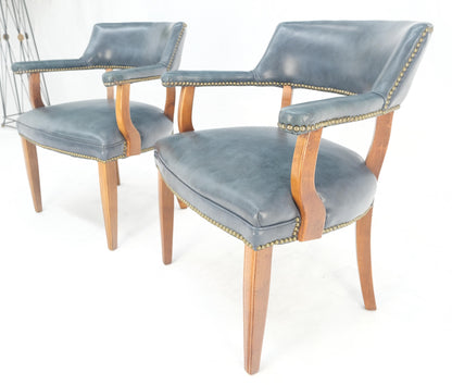 EstablishedLines Pair of Grey Blue Leather Upholstery Vintage c1960s Banker Arm Chairs MINT