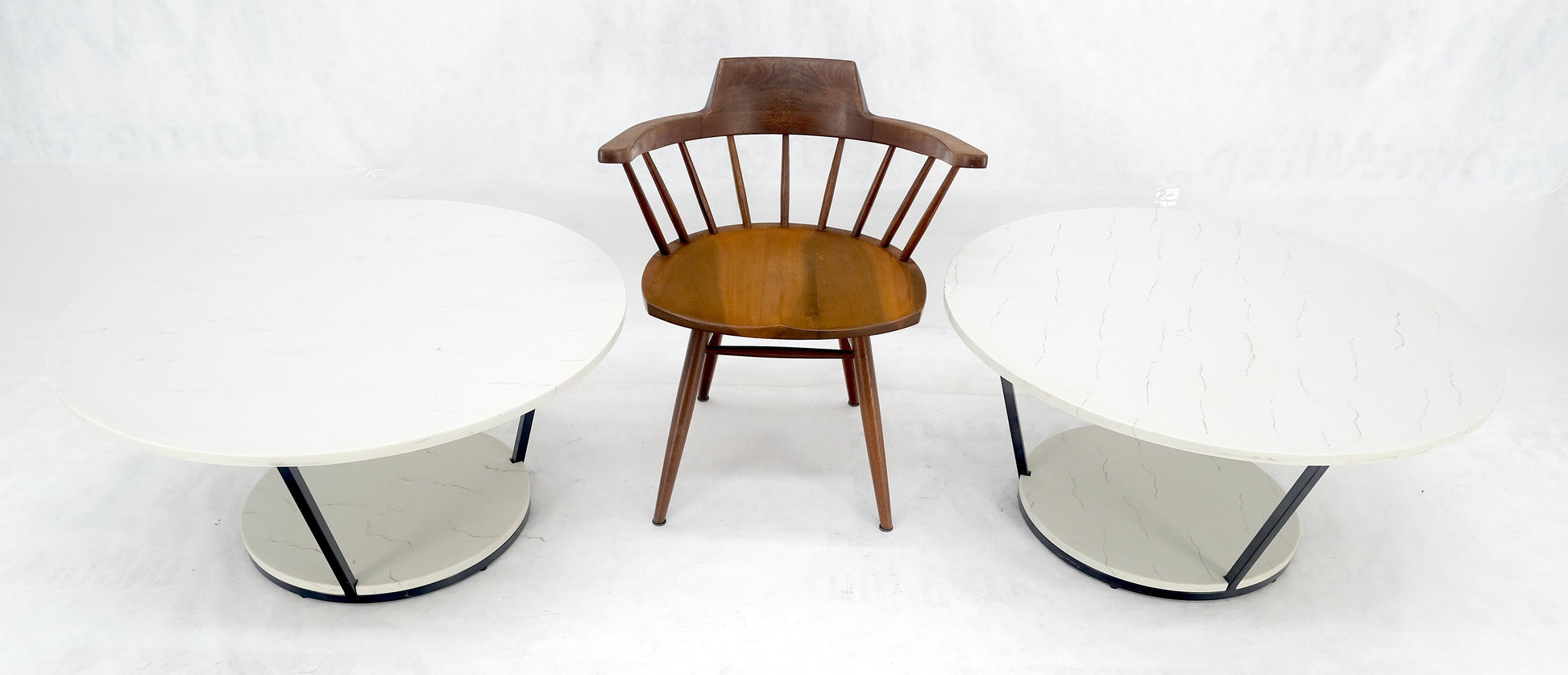 EstablishedLines Pair Mid Century Modern  Round Marble Top Large 35" Diameter Side End Tables