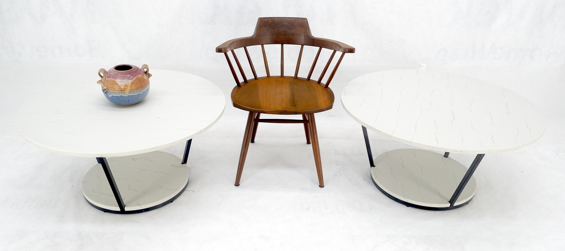 EstablishedLines Pair Mid Century Modern  Round Marble Top Large 35" Diameter Side End Tables