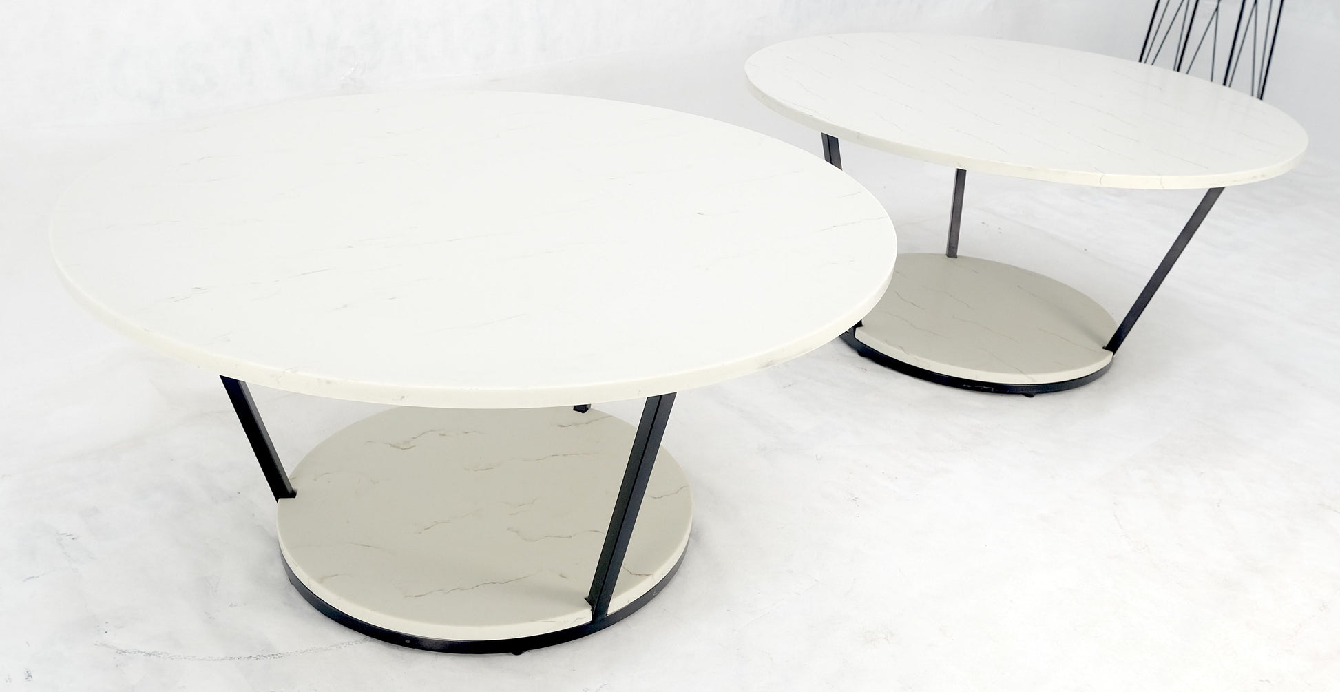 EstablishedLines Pair Mid Century Modern  Round Marble Top Large 35" Diameter Side End Tables