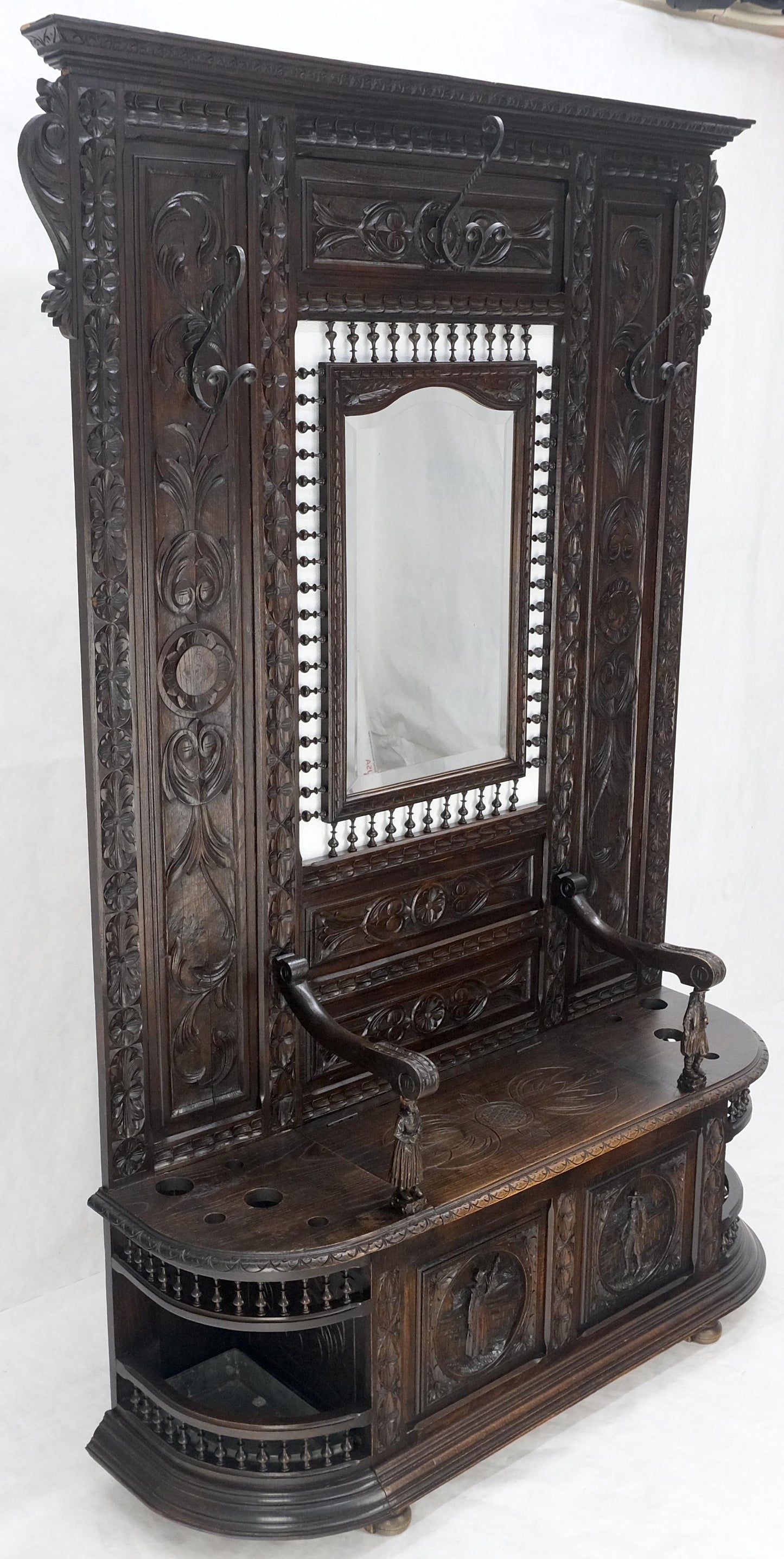 Fine Carved Oak Lift Top Bench Pier Mirror Umbrella Stand Coat Hall Rack MINT!