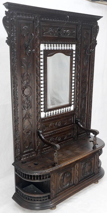 Fine Carved Oak Lift Top Bench Pier Mirror Umbrella Stand Coat Hall Rack MINT!