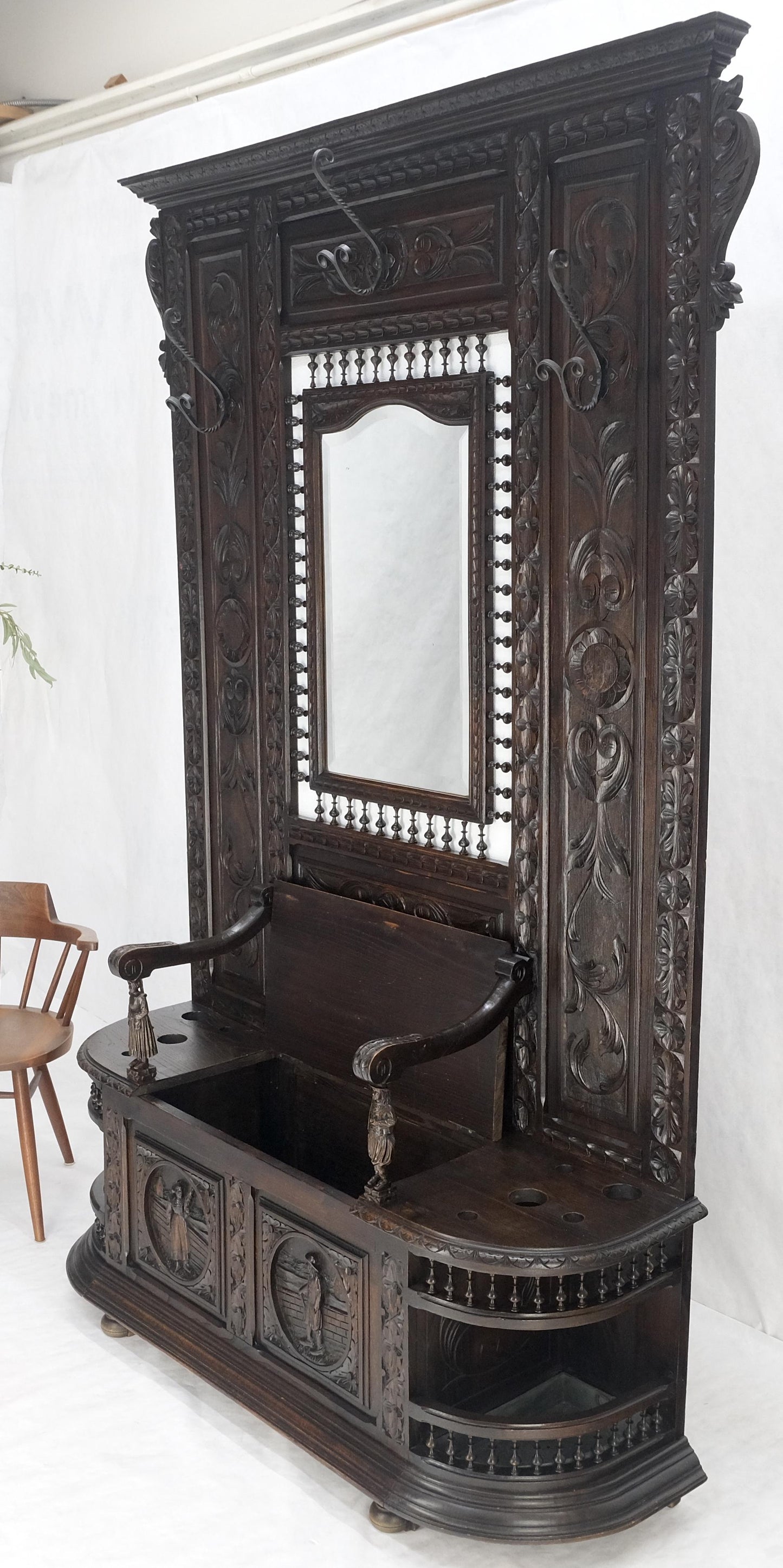 Fine Carved Oak Lift Top Bench Pier Mirror Umbrella Stand Coat Hall Rack MINT!