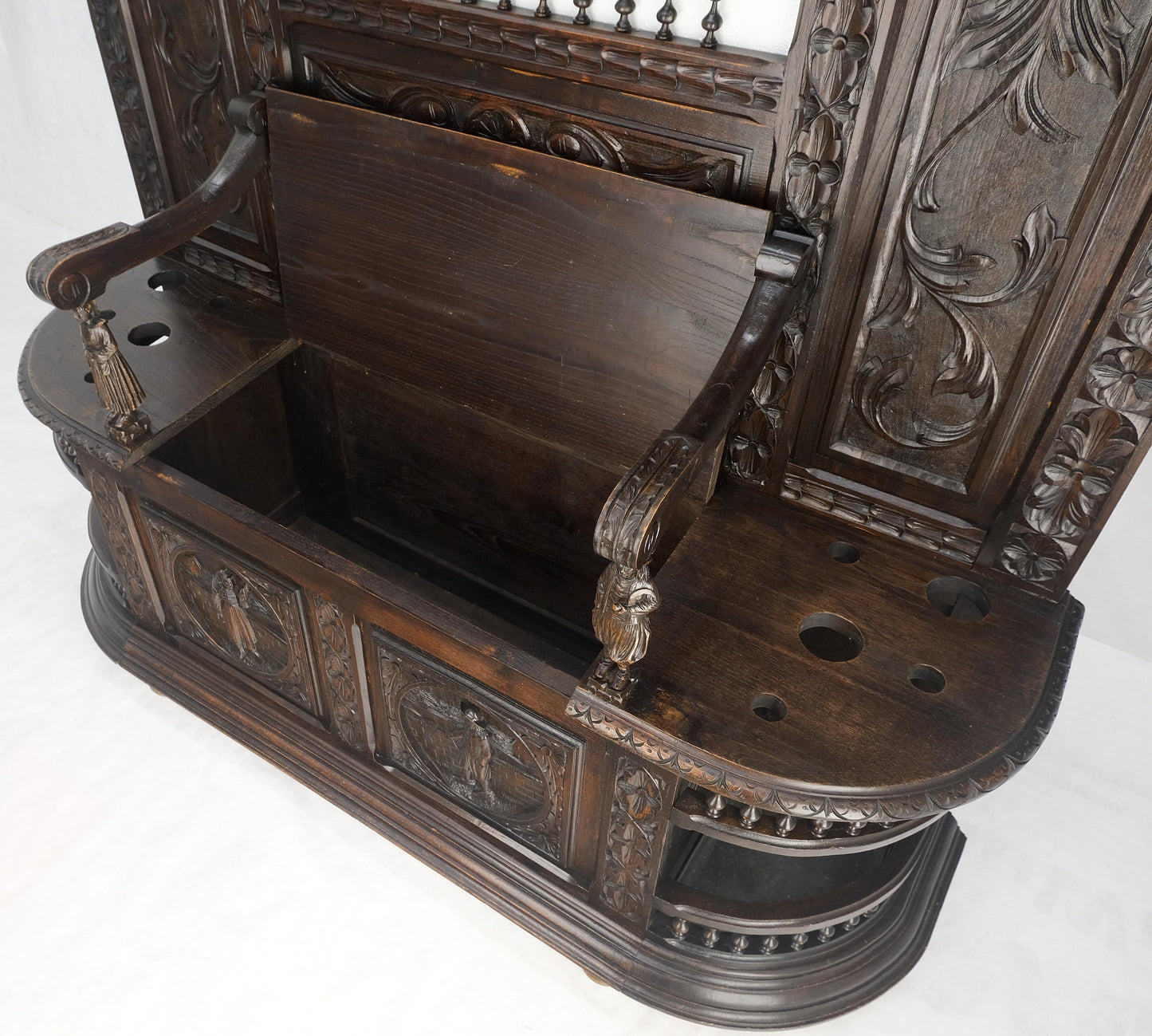 Fine Carved Oak Lift Top Bench Pier Mirror Umbrella Stand Coat Hall Rack MINT!