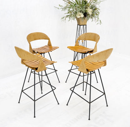 Set of 4 Arthur Umanoff Rush Seat Wire Bases Bar Stools circa 1970s Near Mint!