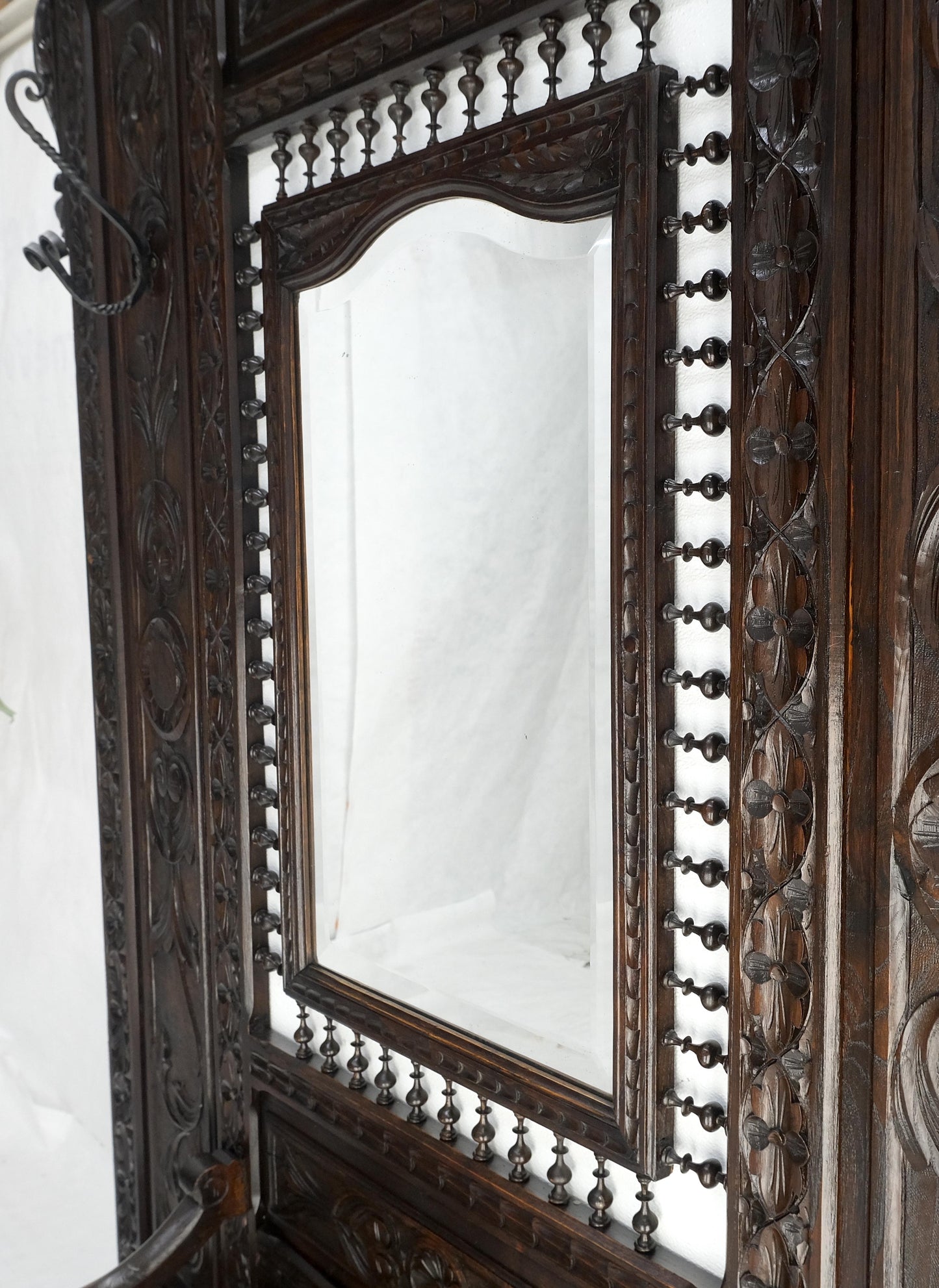 Fine Carved Oak Lift Top Bench Pier Mirror Umbrella Stand Coat Hall Rack MINT!