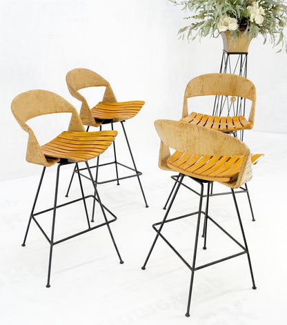 Set of 4 Arthur Umanoff Rush Seat Wire Bases Bar Stools circa 1970s Near Mint!