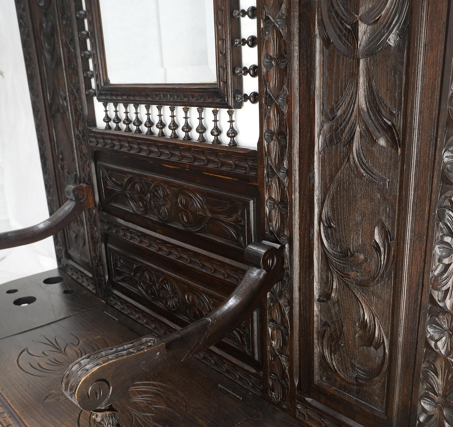 Fine Carved Oak Lift Top Bench Pier Mirror Umbrella Stand Coat Hall Rack MINT!