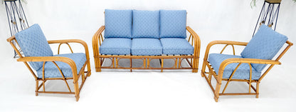 EstablishedLines New Linen Upholstery Three Seater Sofa Bamboo Sofa & Pair of Club Chairs MINT!