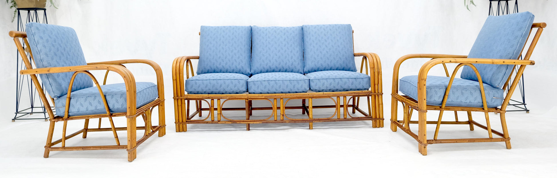 EstablishedLines New Linen Upholstery Three Seater Sofa Bamboo Sofa & Pair of Club Chairs MINT!