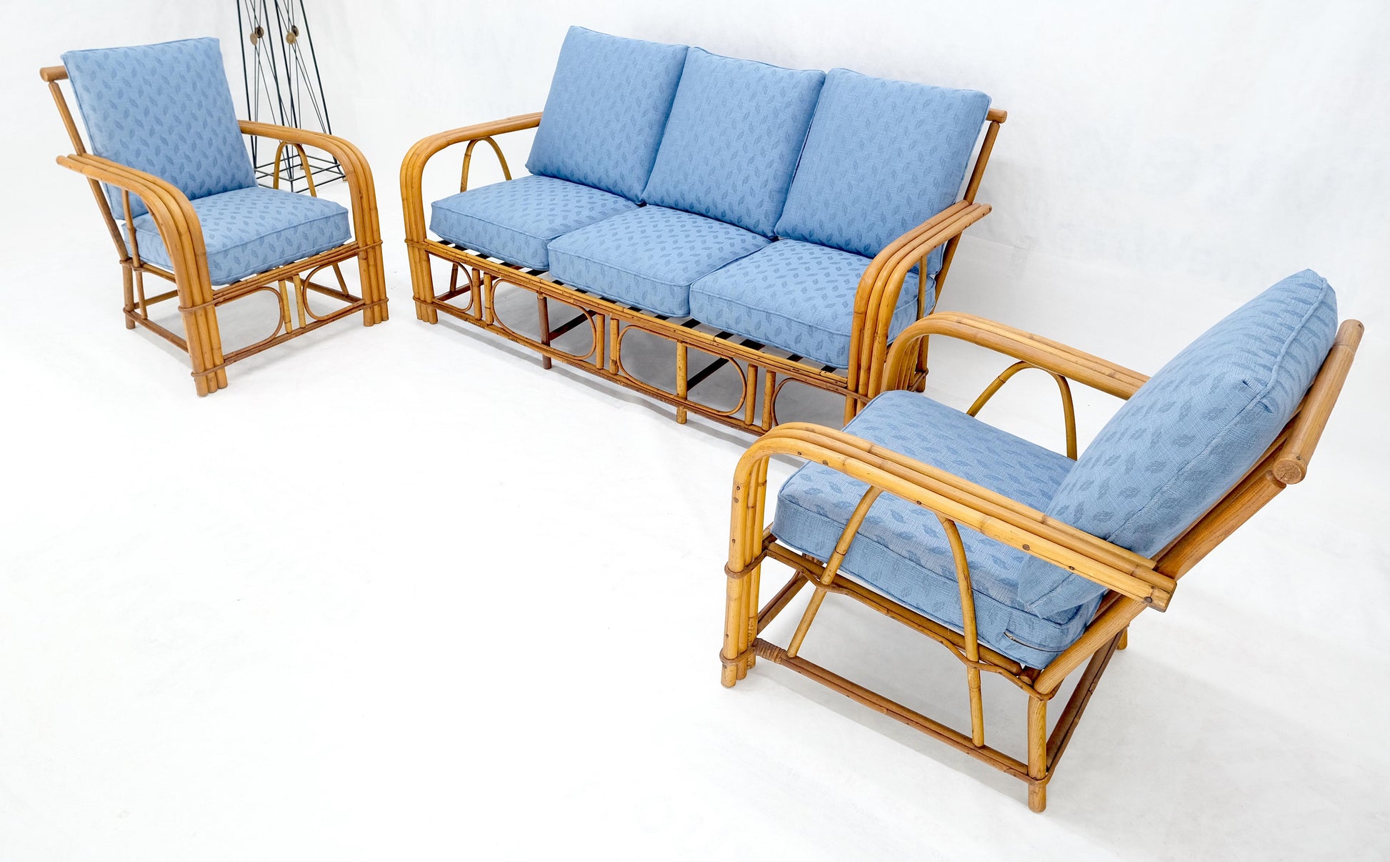 EstablishedLines New Linen Upholstery Three Seater Sofa Bamboo Sofa & Pair of Club Chairs MINT!