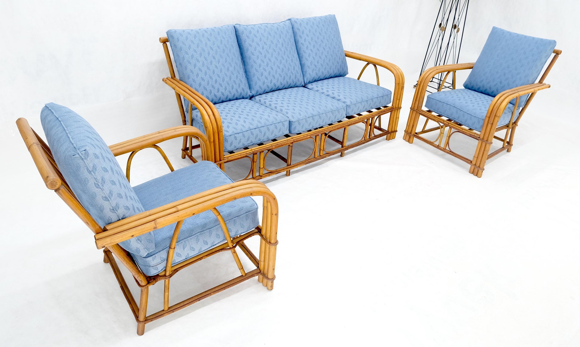 EstablishedLines New Linen Upholstery Three Seater Sofa Bamboo Sofa & Pair of Club Chairs MINT!
