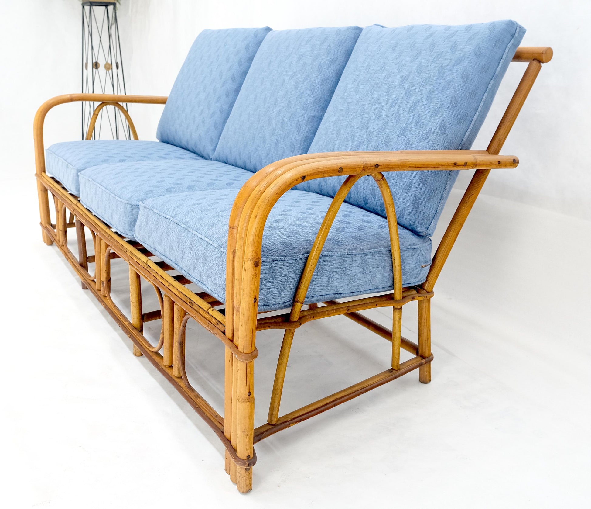 EstablishedLines New Linen Upholstery Three Seater Sofa Bamboo Sofa & Pair of Club Chairs MINT!