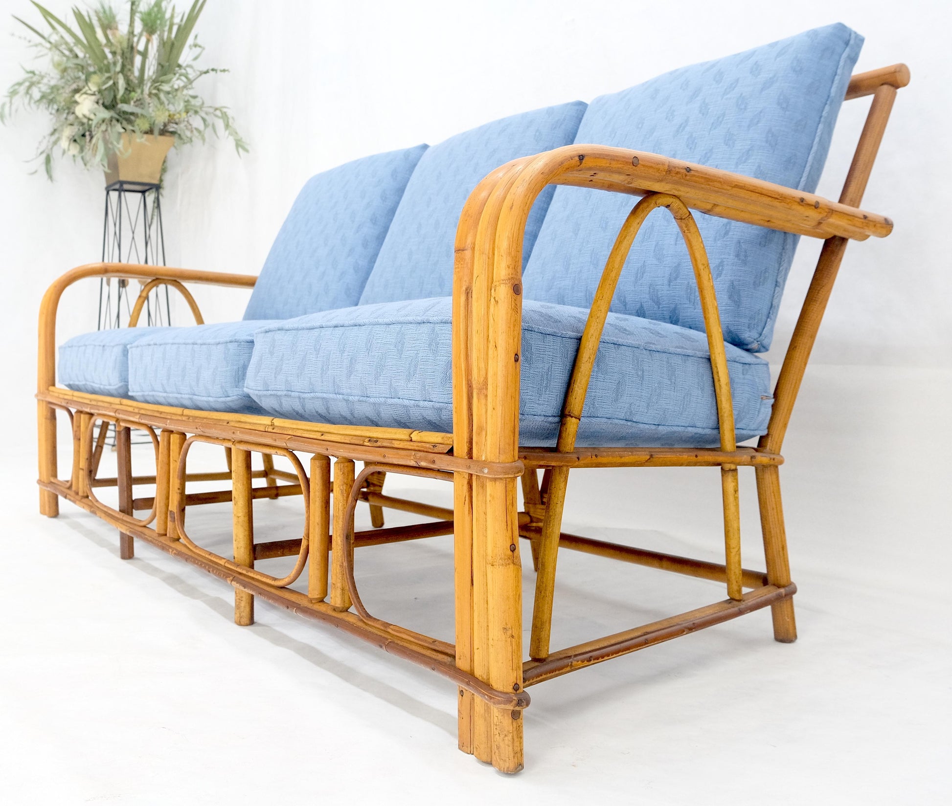 EstablishedLines New Linen Upholstery Three Seater Sofa Bamboo Sofa & Pair of Club Chairs MINT!