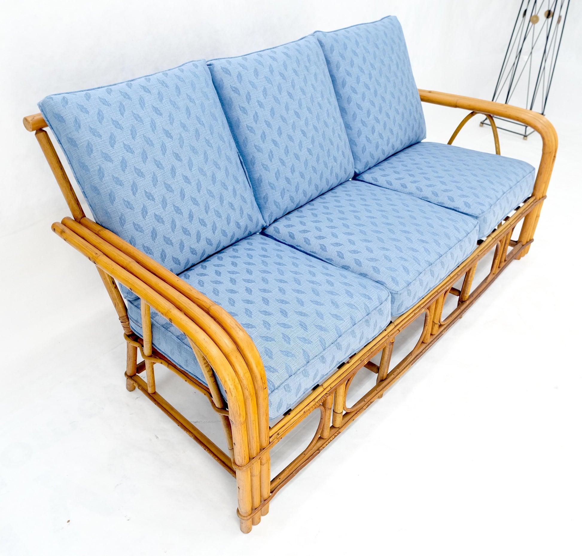 EstablishedLines New Linen Upholstery Three Seater Sofa Bamboo Sofa & Pair of Club Chairs MINT!