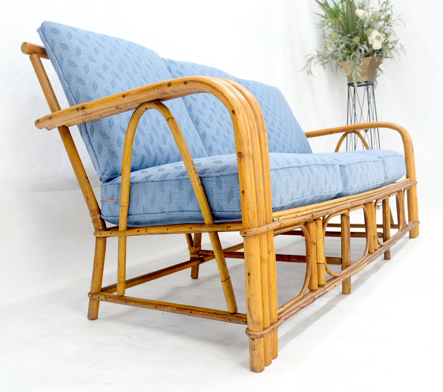 EstablishedLines New Linen Upholstery Three Seater Sofa Bamboo Sofa & Pair of Club Chairs MINT!