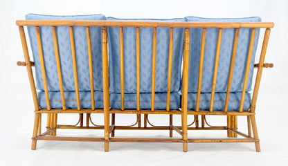 EstablishedLines New Linen Upholstery Three Seater Sofa Bamboo Sofa & Pair of Club Chairs MINT!