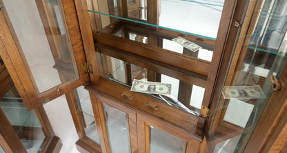 EstablishedLines Mid Century Burl Wood Glass 38" Wide 76" Tall Curio Display Cabinet Vitrine MINT