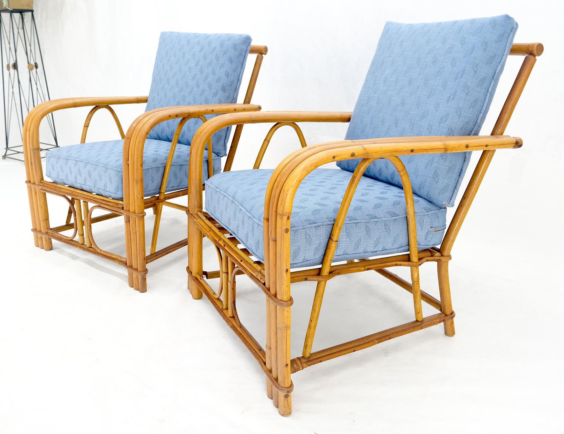 EstablishedLines New Linen Upholstery Three Seater Sofa Bamboo Sofa & Pair of Club Chairs MINT!