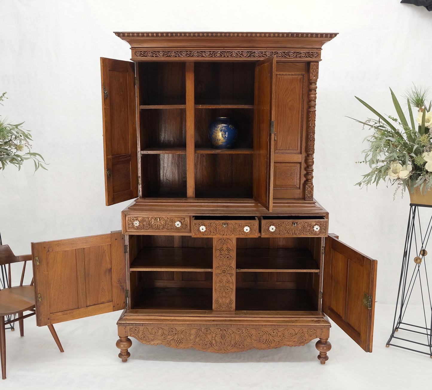 Solid Carved Teak Antique Two Part Cupboard Cabinet with Unique Feature Mint!