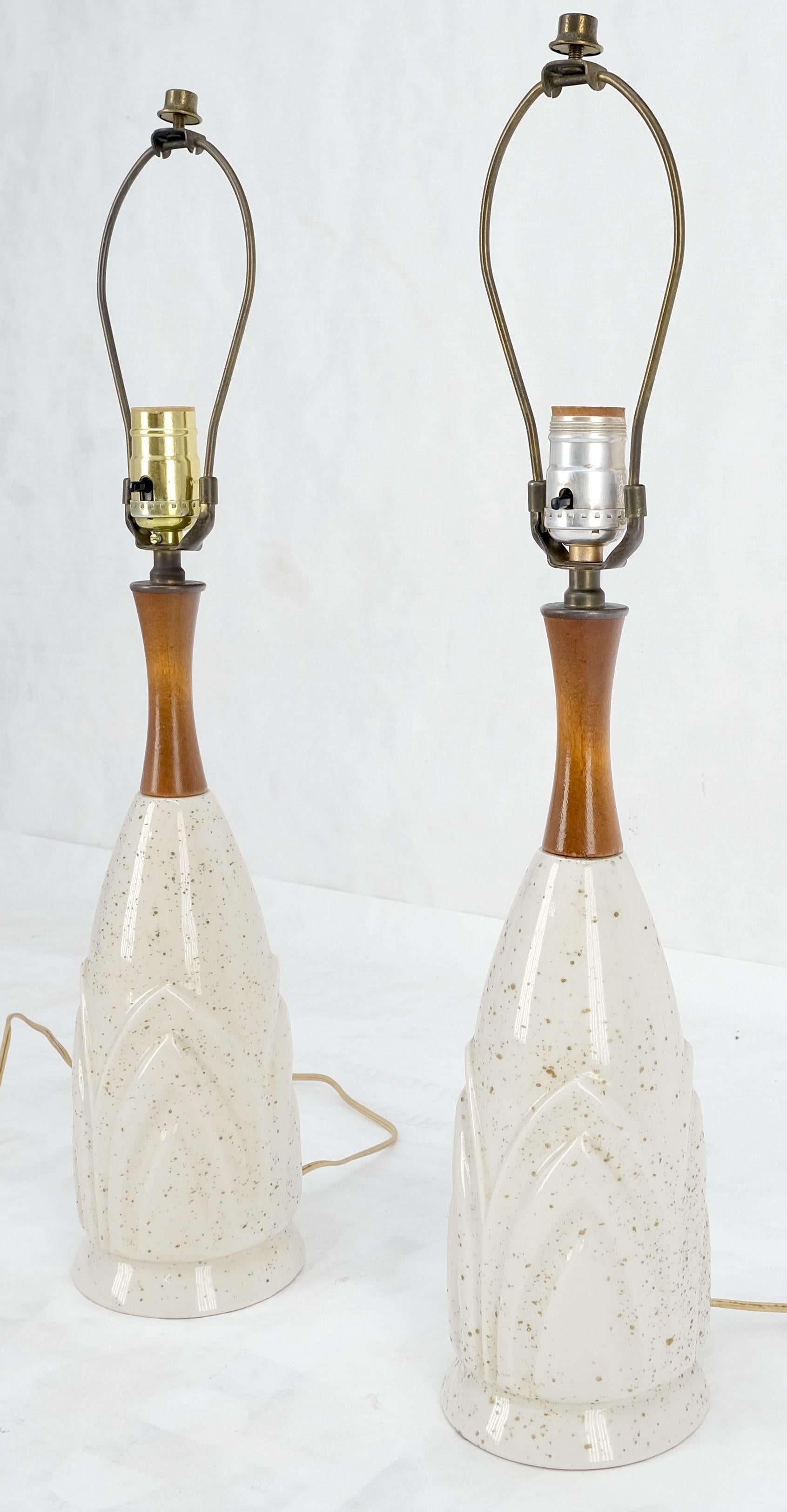 EstablishedLines Pair Mid Century Lotus Motive Ceramic Pottery & Turned Walnut Bases Table Lamps