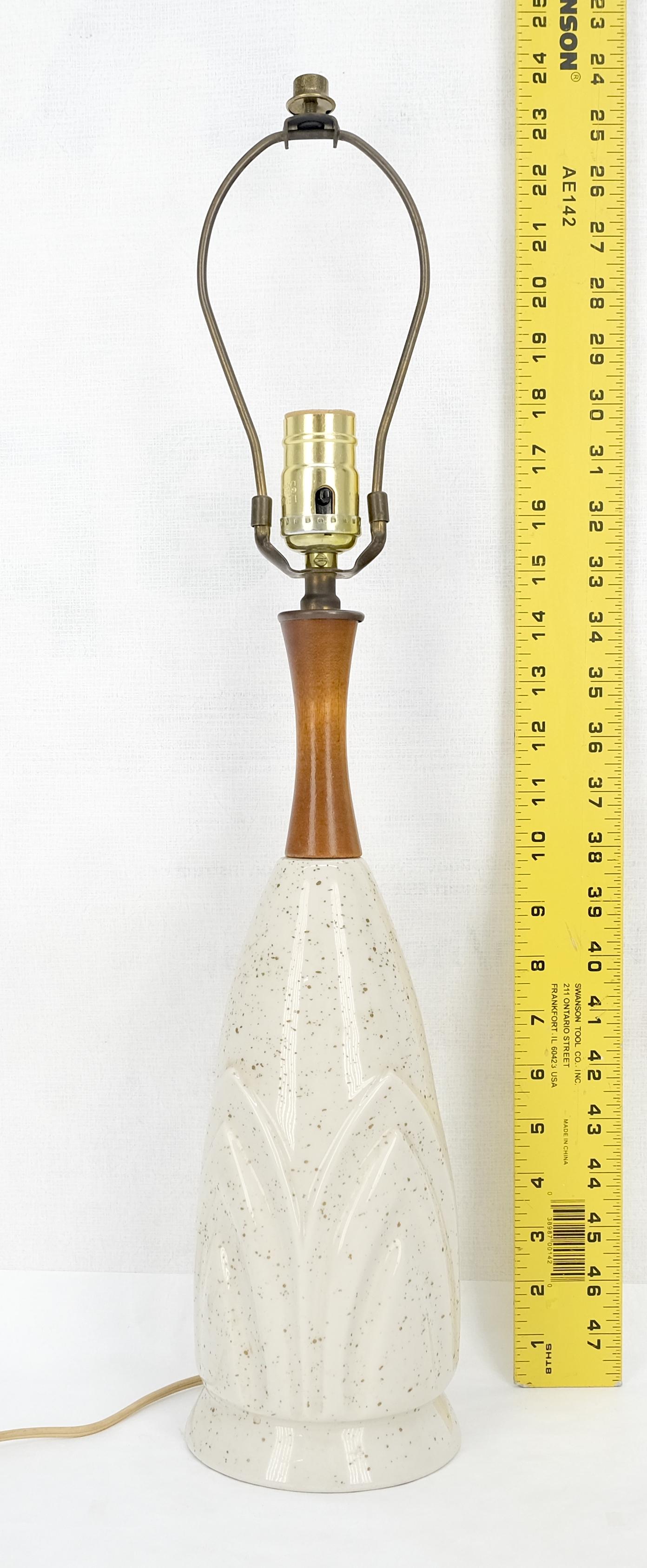 EstablishedLines Pair Mid Century Lotus Motive Ceramic Pottery & Turned Walnut Bases Table Lamps