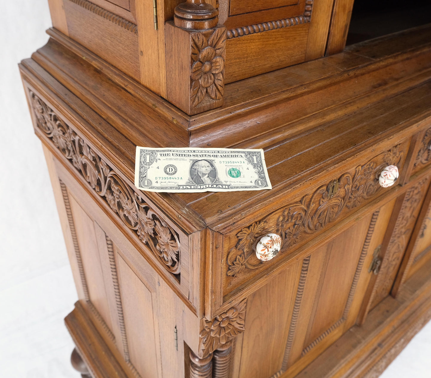 Solid Carved Teak Antique Two Part Cupboard Cabinet with Unique Feature Mint!