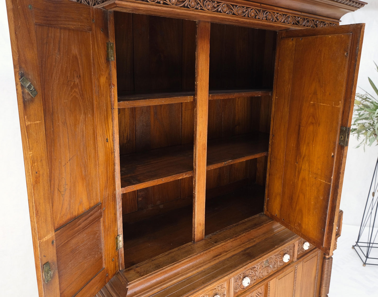 Solid Carved Teak Antique Two Part Cupboard Cabinet with Unique Feature Mint!