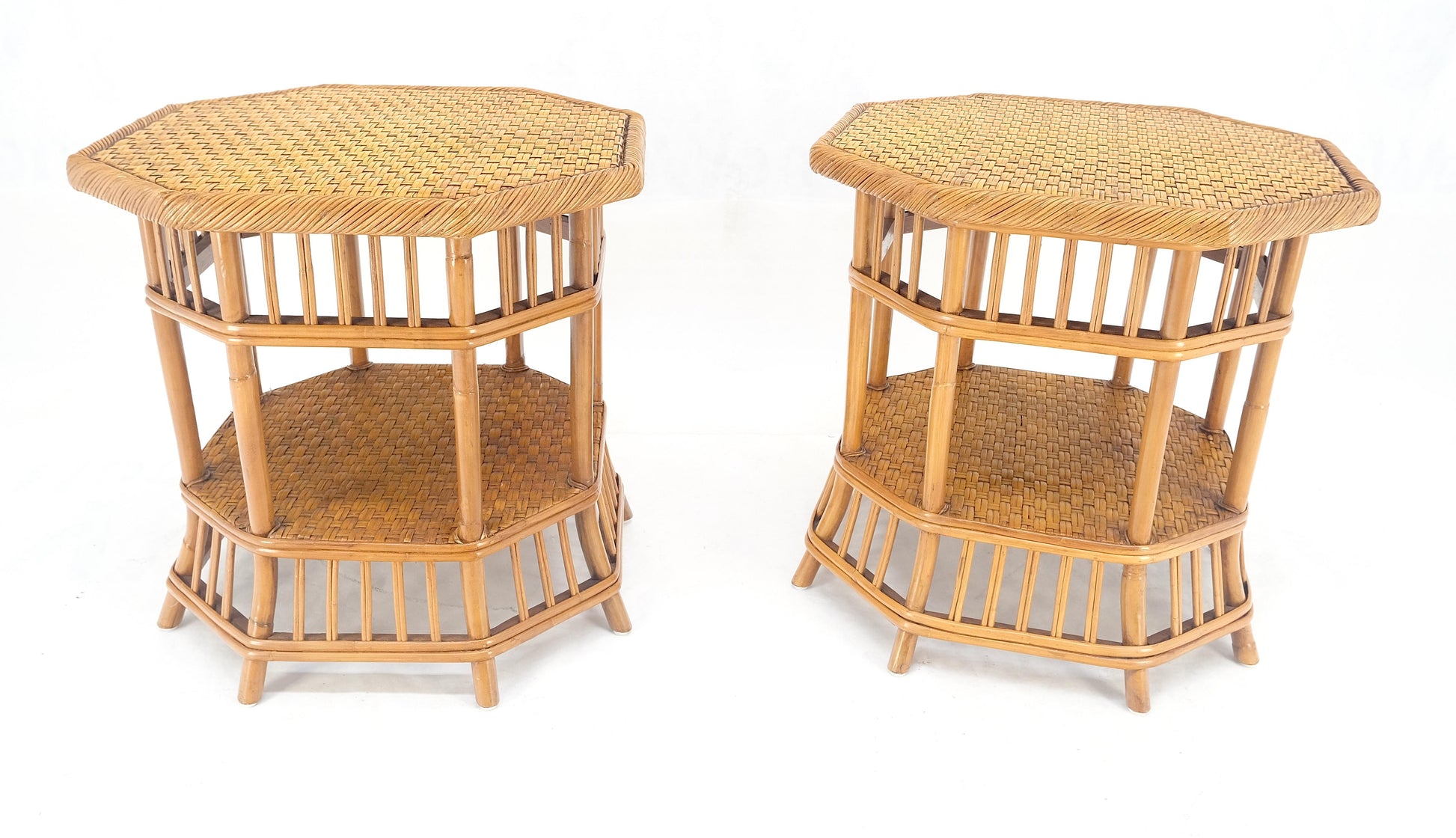 EstablishedLines Cane Bamboo Rattan Octagon Shape 2 Tier End Side Lamp Occasional Table MINT
