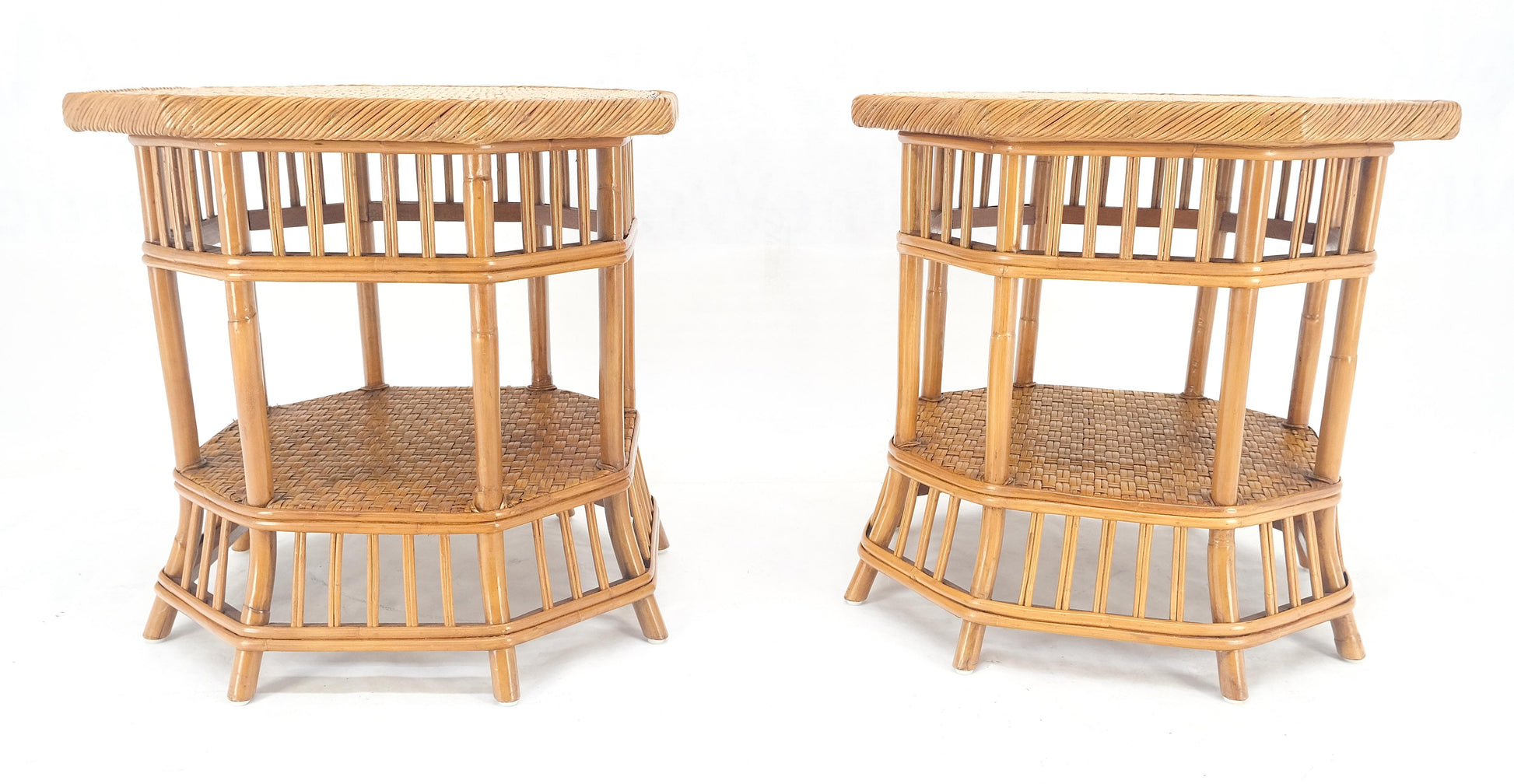 EstablishedLines Cane Bamboo Rattan Octagon Shape 2 Tier End Side Lamp Occasional Table MINT