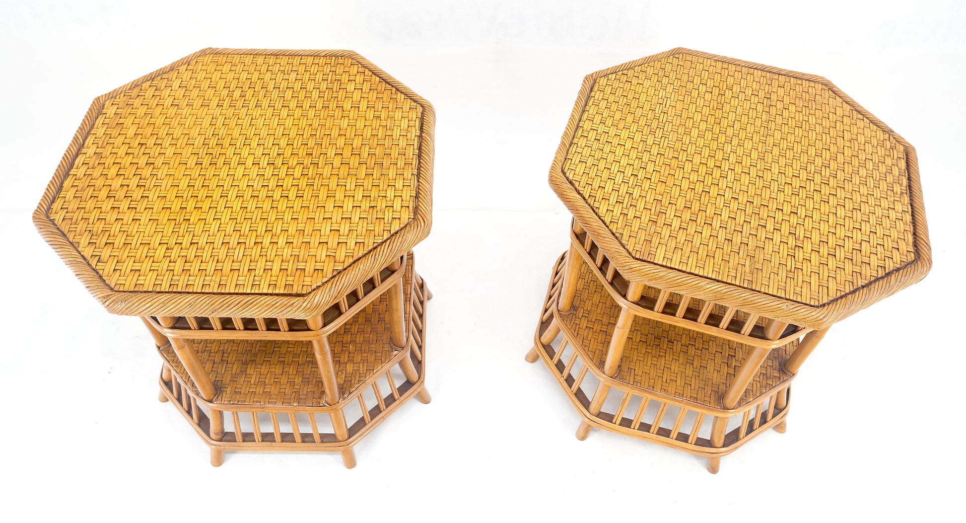 EstablishedLines Cane Bamboo Rattan Octagon Shape 2 Tier End Side Lamp Occasional Table MINT