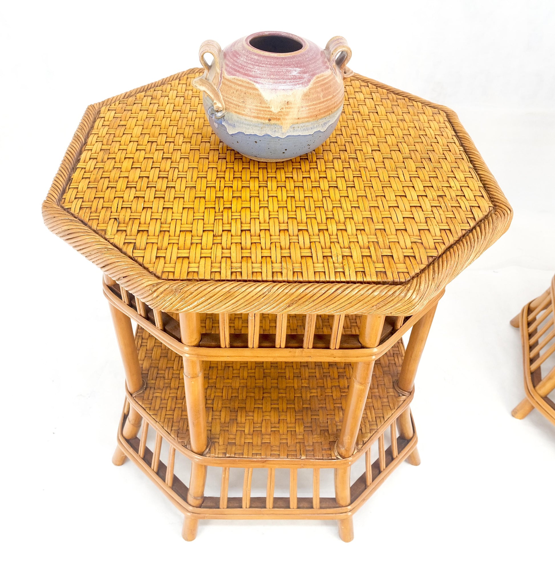 EstablishedLines Cane Bamboo Rattan Octagon Shape 2 Tier End Side Lamp Occasional Table MINT