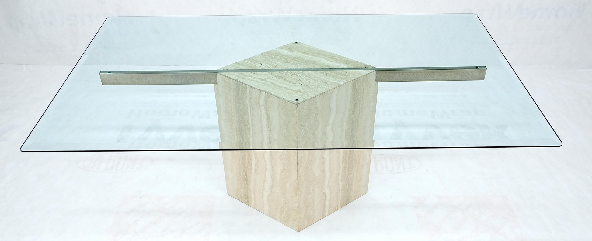 EstablishedLines Single Marble Travertine Diamond Shape Glass Top Dining Conference Table MINT!
