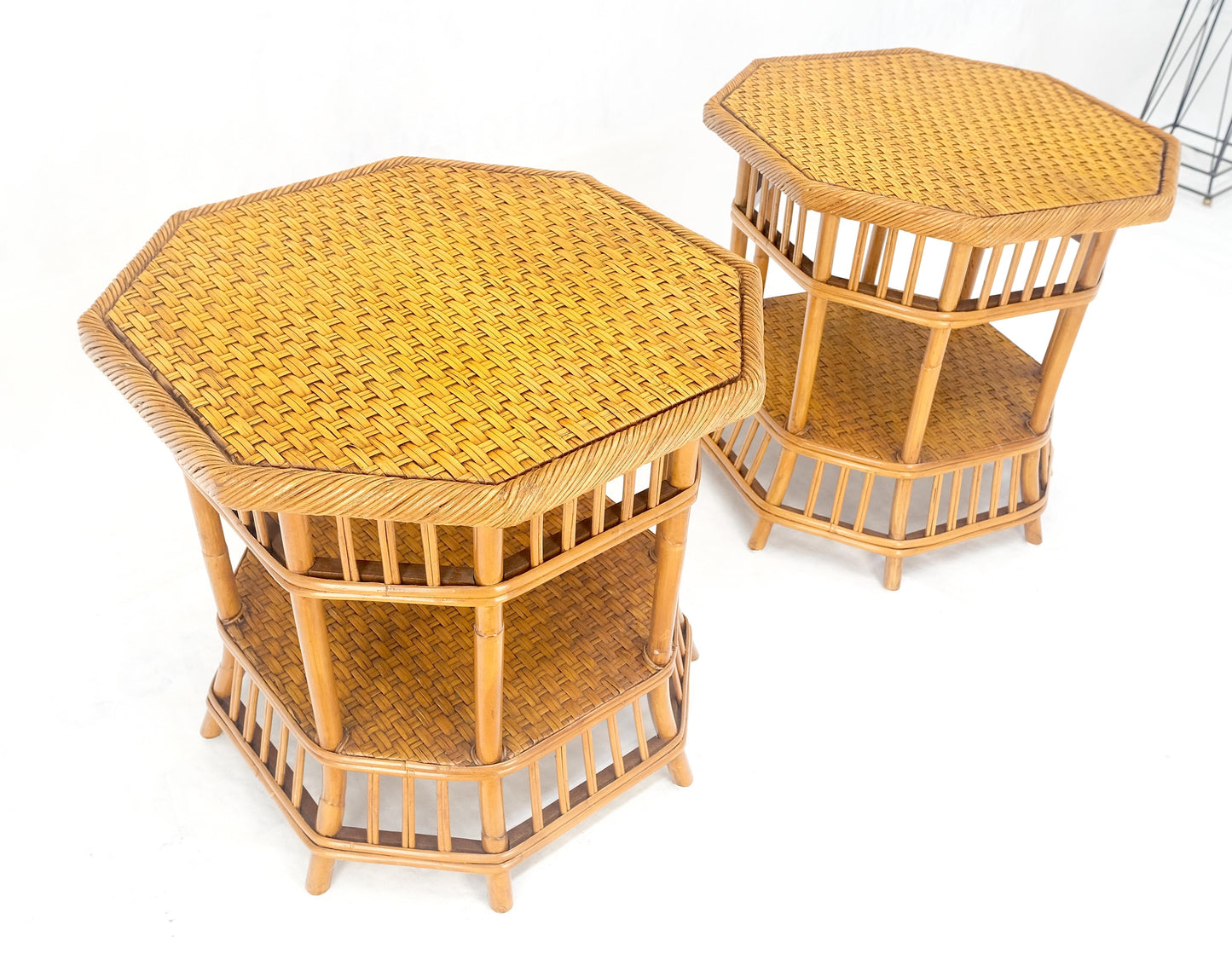 EstablishedLines Cane Bamboo Rattan Octagon Shape 2 Tier End Side Lamp Occasional Table MINT