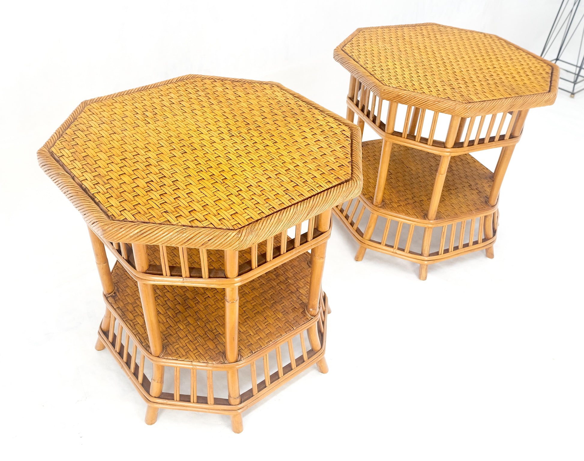 EstablishedLines Cane Bamboo Rattan Octagon Shape 2 Tier End Side Lamp Occasional Table MINT