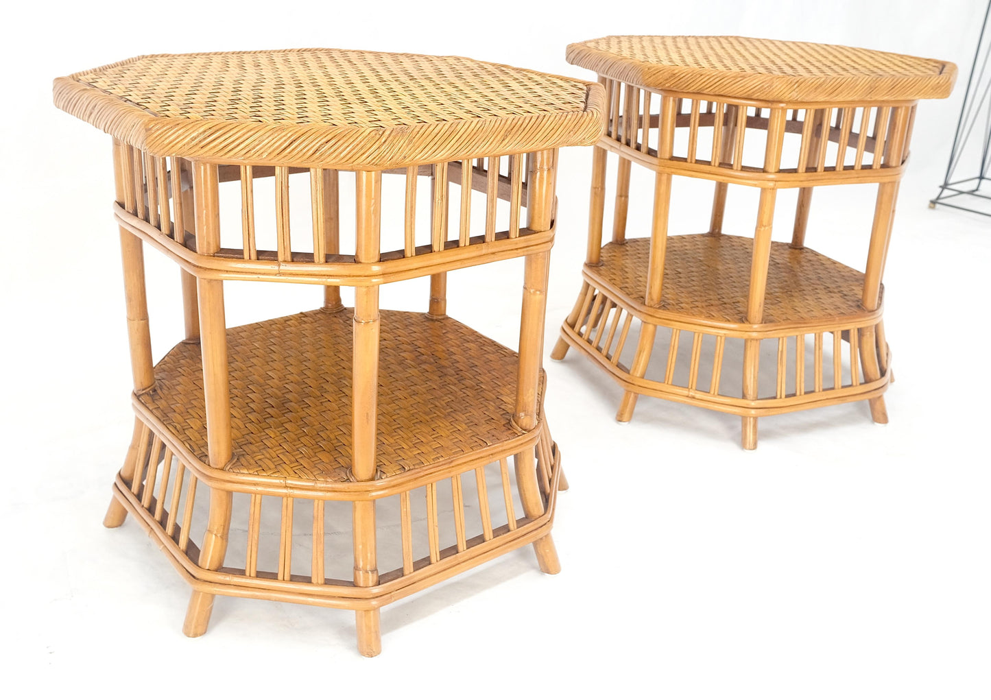 EstablishedLines Cane Bamboo Rattan Octagon Shape 2 Tier End Side Lamp Occasional Table MINT
