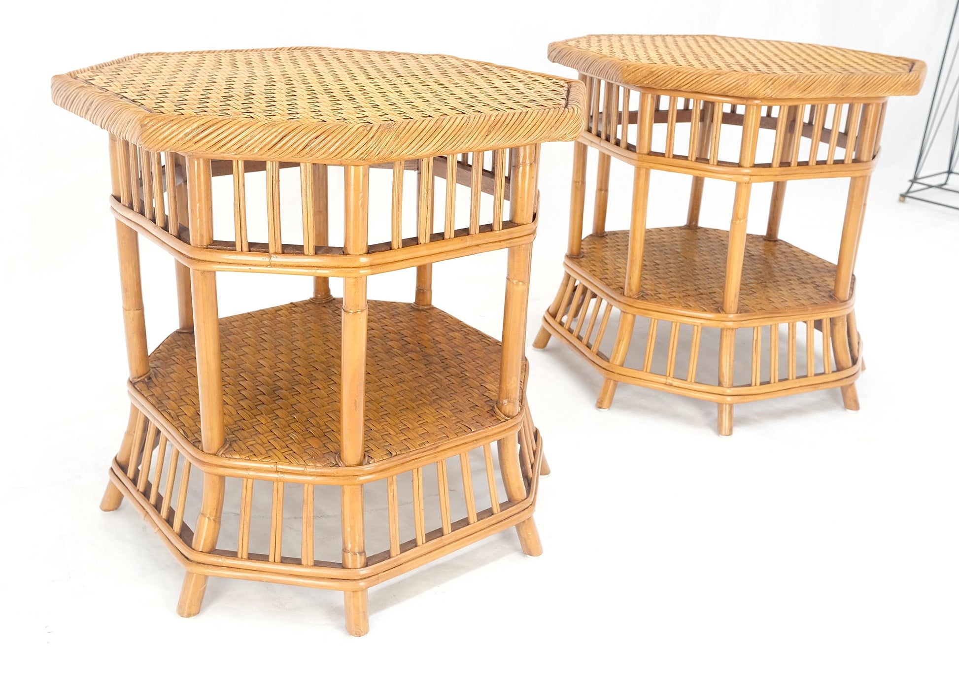 EstablishedLines Cane Bamboo Rattan Octagon Shape 2 Tier End Side Lamp Occasional Table MINT