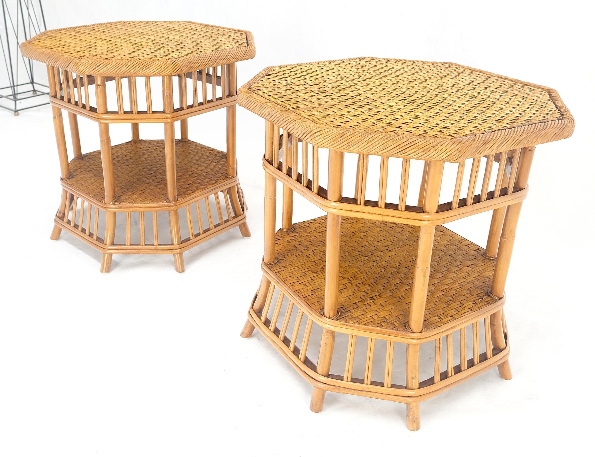 EstablishedLines Cane Bamboo Rattan Octagon Shape 2 Tier End Side Lamp Occasional Table MINT