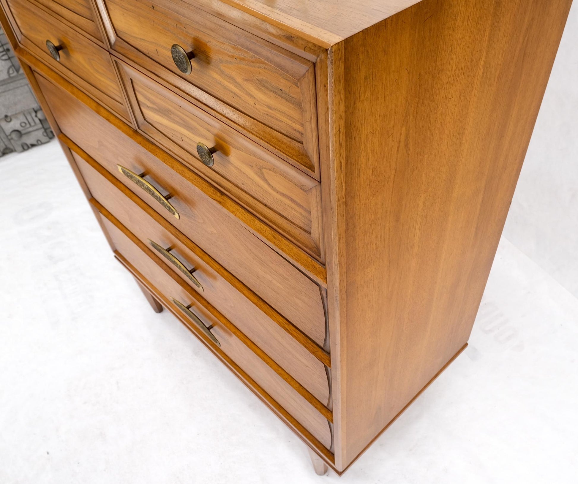 EstablishedLines Light Walnut Hammered Brass Pulls 5 Drawer Chest of Drawers Dresser Mint