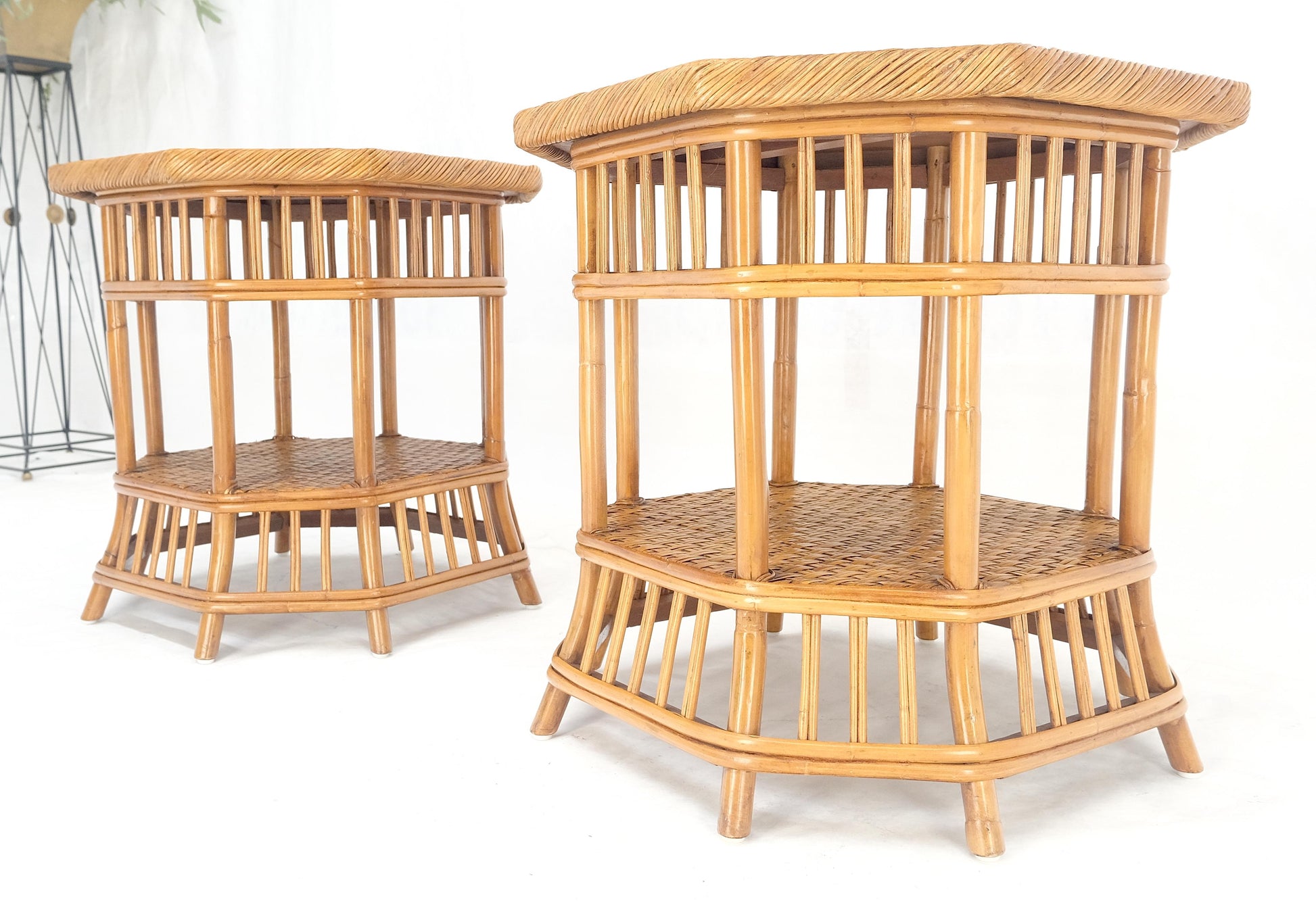 EstablishedLines Cane Bamboo Rattan Octagon Shape 2 Tier End Side Lamp Occasional Table MINT