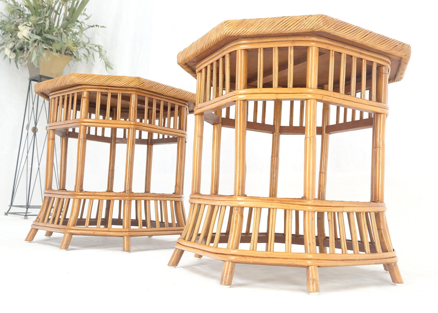 EstablishedLines Cane Bamboo Rattan Octagon Shape 2 Tier End Side Lamp Occasional Table MINT