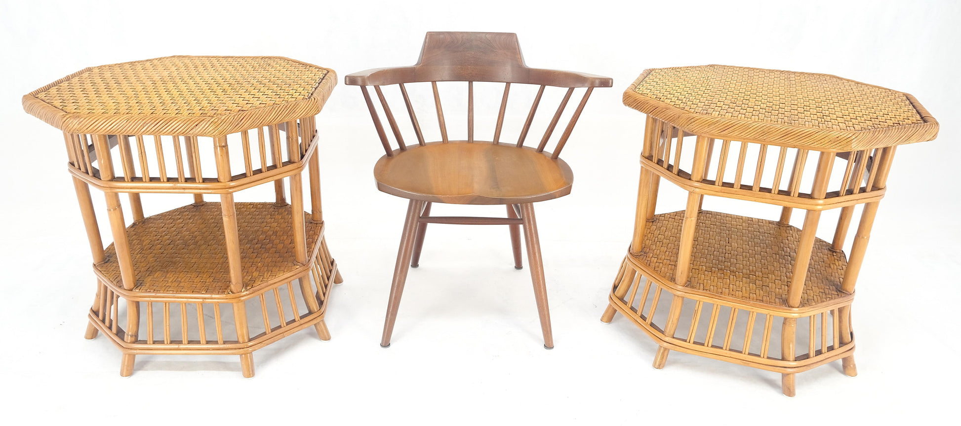 EstablishedLines Cane Bamboo Rattan Octagon Shape 2 Tier End Side Lamp Occasional Table MINT
