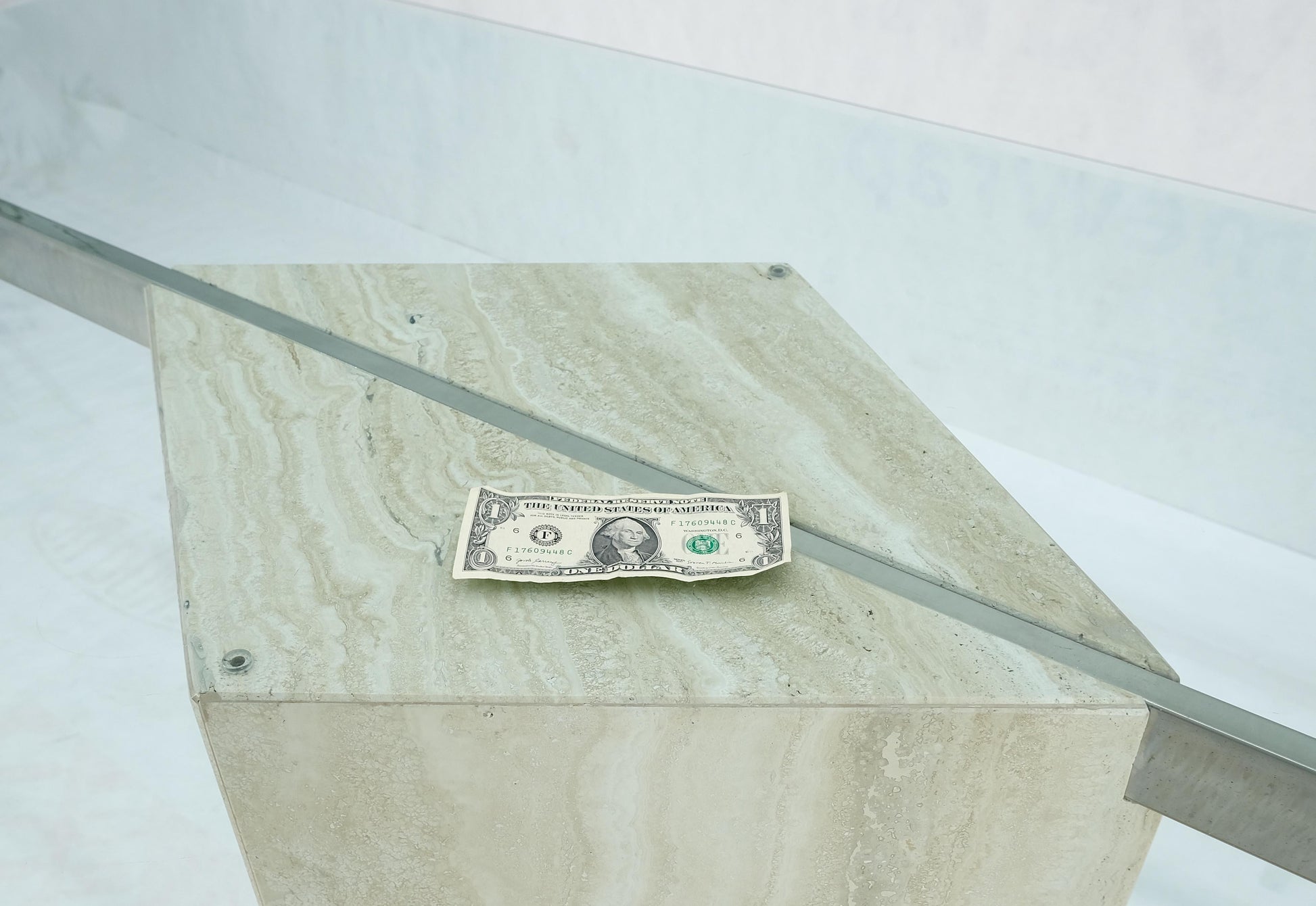 EstablishedLines Single Marble Travertine Diamond Shape Glass Top Dining Conference Table MINT!