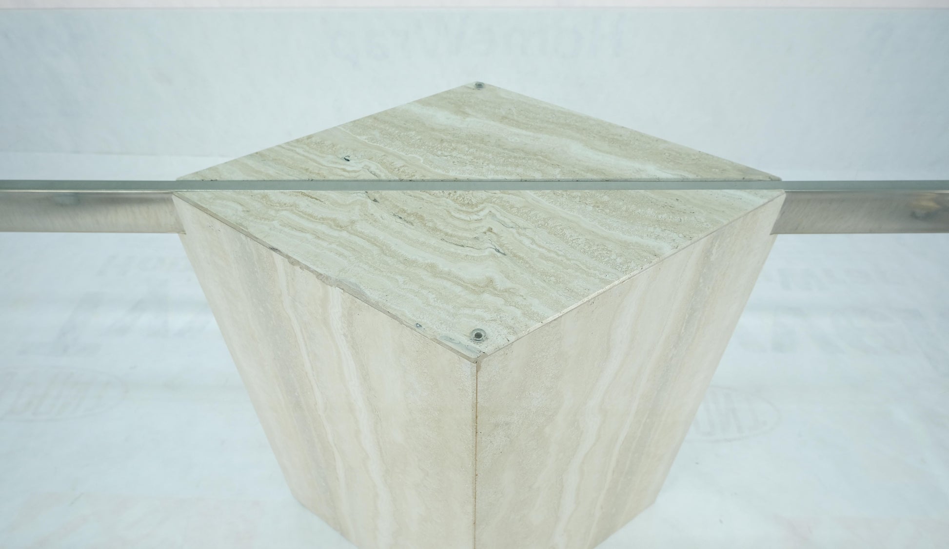 EstablishedLines Single Marble Travertine Diamond Shape Glass Top Dining Conference Table MINT!