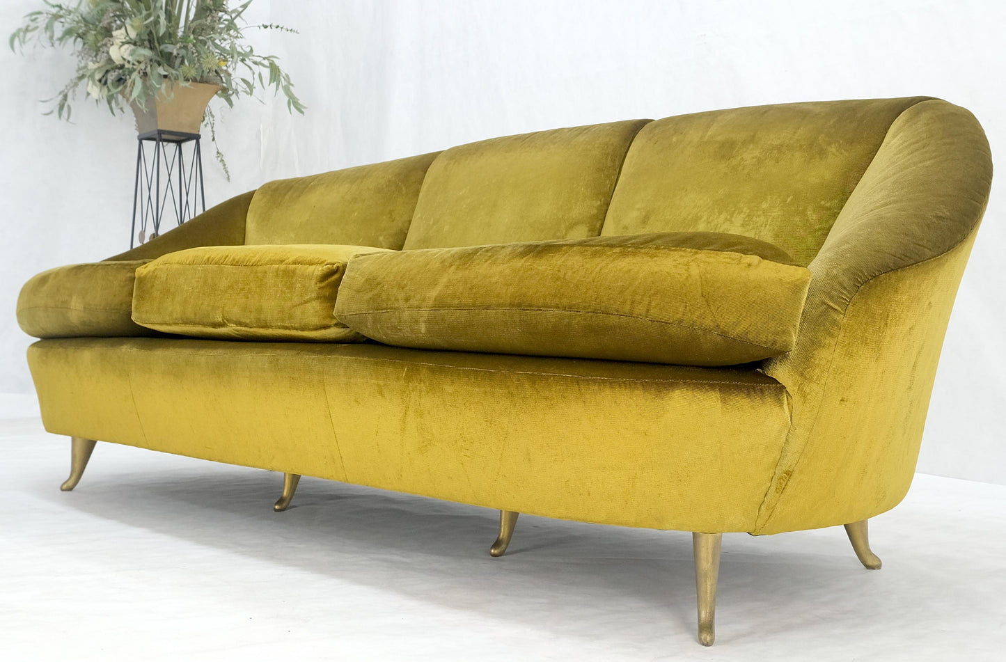 EstablishedLines Italian MId Century Modern Gold Velvet Upholstery Cloud Shape Sofa Cast Brass