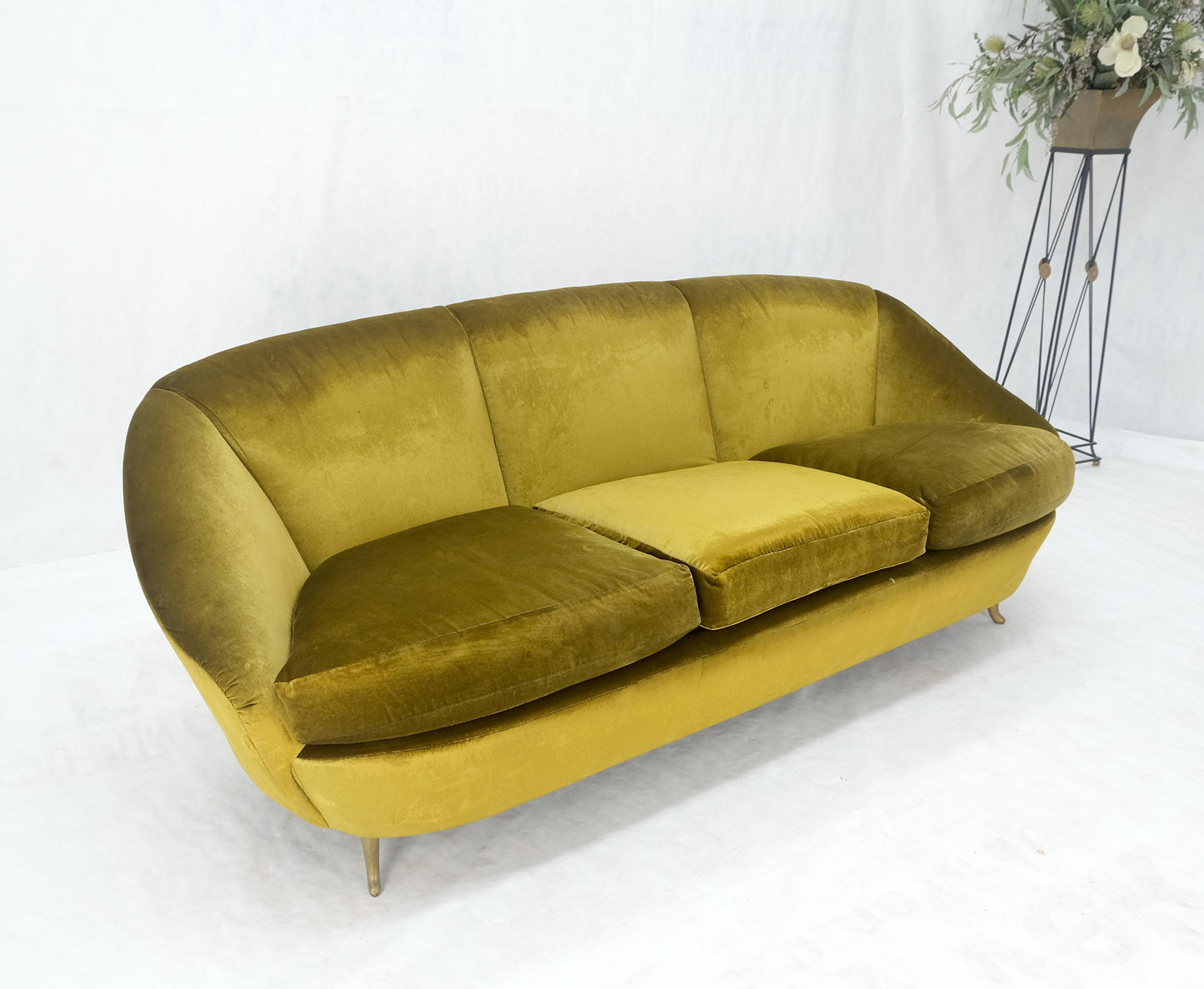 EstablishedLines Italian MId Century Modern Gold Velvet Upholstery Cloud Shape Sofa Cast Brass