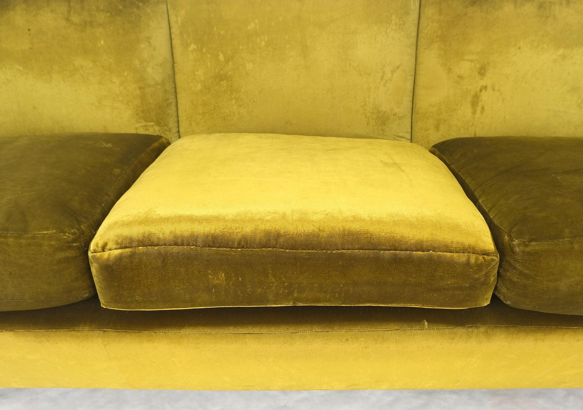 EstablishedLines Italian MId Century Modern Gold Velvet Upholstery Cloud Shape Sofa Cast Brass