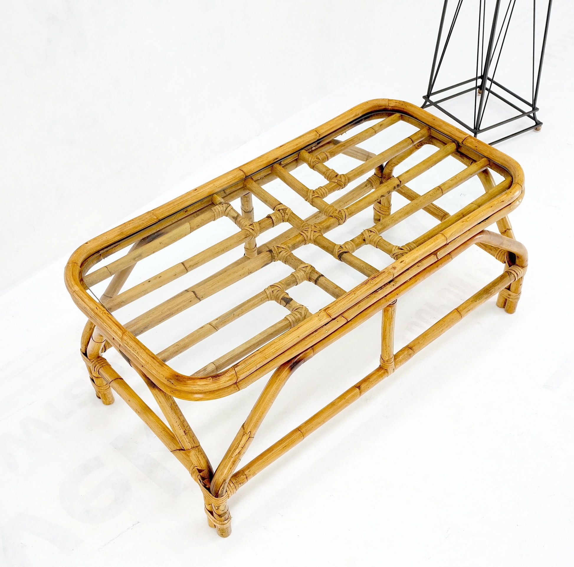 EstablishedLines Rattan Bamboo Rectangle Glass Top Mid-Century Modern Coffee Table Mnt!