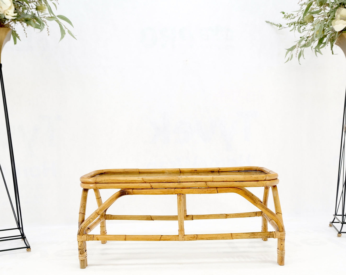 EstablishedLines Rattan Bamboo Rectangle Glass Top Mid-Century Modern Coffee Table Mnt!