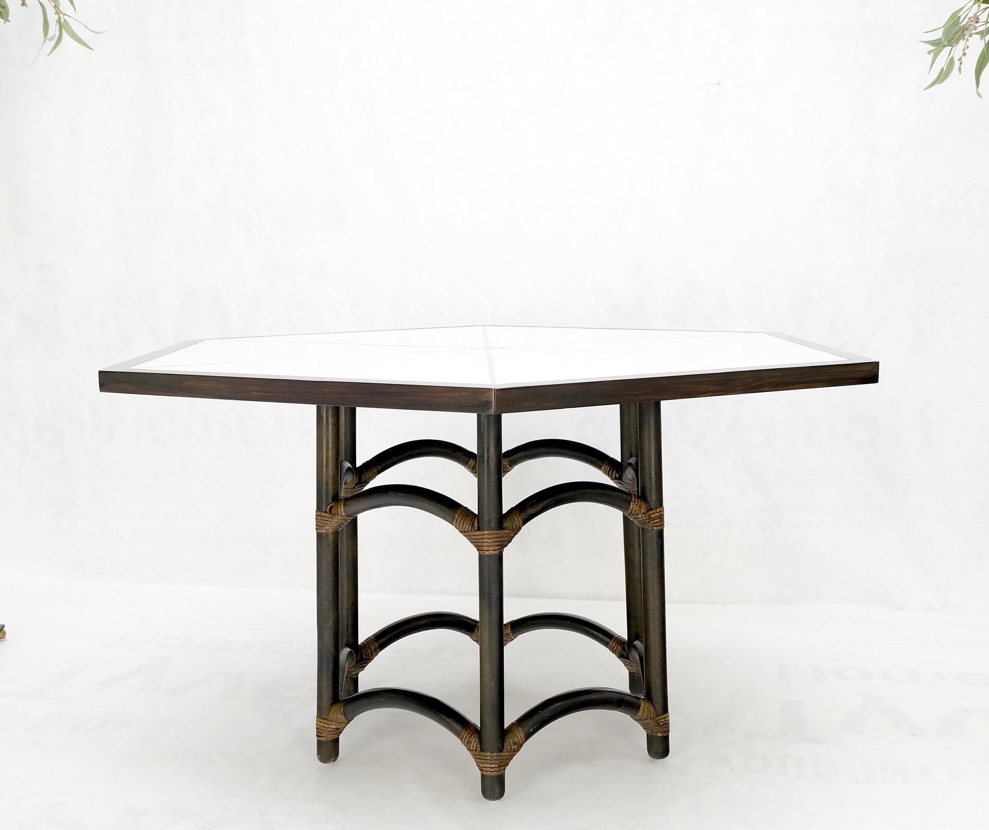 EstablishedLines Ebonised Bamboo Brass Inlay Mahogany Top Hexagon Card Game Poker Table MINT!